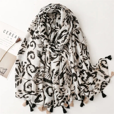 Black Beige Floral Scarf