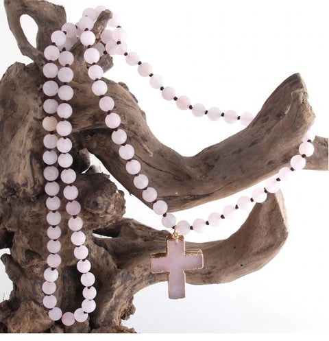Pink Beaded Cross Necklace