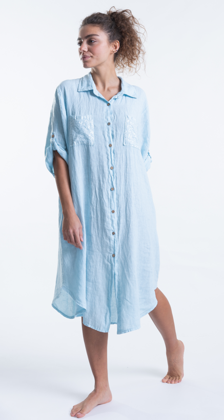 Italian Linen Dress with Sequin Pockets