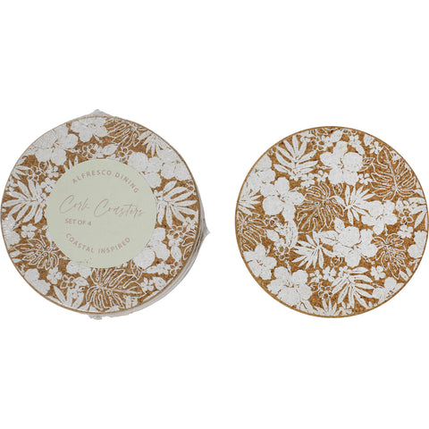 Cork Coaster Set of Four with White Hibiscus